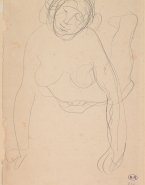 Femme nue sur le ventre, de face, dressée sur les mains