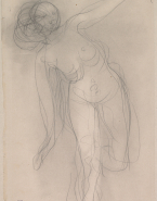 Femme nue debout, de face, courant, bras en équilibre