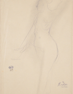 Femme nue debout et cambrée, tournée vers la gauche, un bras au-dessus de la tête