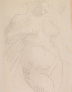 Femme nue debout, une main sur un sein