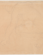 Femme nue accroupie, les mains au sol, de profil à gauche