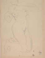 Femme nue agenouillée vers la droite, les mains au sein droit