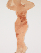 Femme nue debout aux jambes croisées et aux mains posées sur la tête