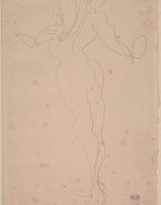 Femme nue debout, de profil à gauche, les bras écartés