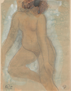 Femme nue assise de face, une jambe repliée