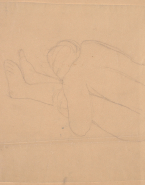 Femme nue assise, de profil vers la gauche, la tête sur les jambes enlacées