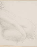 Femme nue de profil, assise sur les talons, penchée en avant
