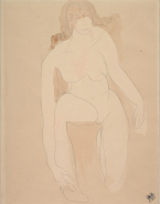 Femme nue de face, un genou en terre