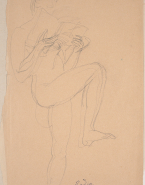 Femme nue tournée vers la droite, un livre en main et une jambe levée