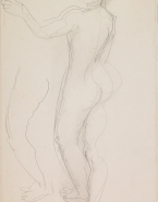 Femme nue de dos, tournée vers la gauche, un bras tendu