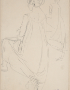 Femme drapée de dos, tournée vers la gauche, une jambe appuyée haut