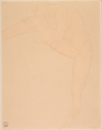 Femme nue debout, le visage penché vers une jambe levée