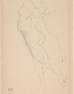Femme nue de profil, à gauche, bras et jambe rejetés en arrière