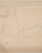 Femme nue allongée, de profil à droite, appuyée sur les mains