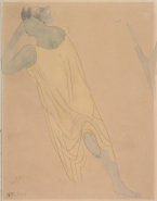 Femme drapée et de dos, au genou et au coude appuyés