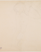 Femme nue debout, penchée en avant, les bras tendus vers la droite