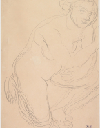 Femme nue appuyée sur la cuisse, un genou en terre vers la droite