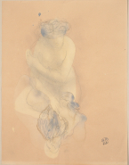 Femme nue assise, de face, une jambe et un bras repliés