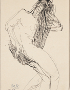 Femme nue aux longs cheveux, en torsion de profil vers la droite