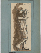 Homme nu de profil, portant une pierre sur son épaule gauche