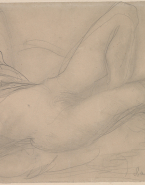 Femme nue allongée vers la droite, un vêtement retroussé jusqu'aux seins