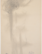 Femme nue debout tournée vers la droite, un bras replié vers l'épaule