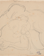 Femme nue allongée sur le côté, appuyée sur les avant-bras