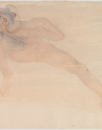Femme nue allongée se caressant avec une main passée sous la cuisse
