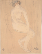 Femme nue assise, mains allongées près du genou