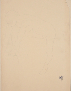Femme nue de profil vers la gauche, les deux bras tendus vers un pied soulevé