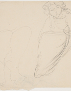Femme assise, drapée, les bras sous les genoux ; Visage de femme coupé par le bord de la feuille (au verso)