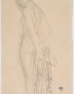 Femme nue debout, de profil à gauche, un vêtement au bout du bras, derrière les fesses