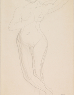 Femme nue debout, de face, pieds croisés, le bras gauche et les yeux levés