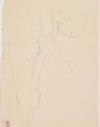 Femme nue debout, de profil à droite, penchée, une main au pied, l'autre en avant
