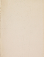 Femme nue debout, de face, un bras tendu vers la gauche