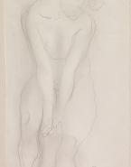 Femme nue assise, de face, les mains entre les cuisses