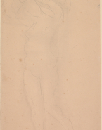 Femme nue debout, vers la gauche, bras levés devant le visage