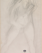 Femme nue debout, de face, jambes écartées