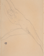 Femme nue sur le dos, aux bras tendus au-dessus de la tête, une jambe écartée