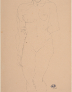 Femme nue debout, de face, un bras dans le dos