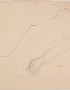 Femme nue allongée vers la gauche, une main sur un pied