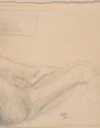 Femme nue allongée, de profil à droite, une jambe repliée
