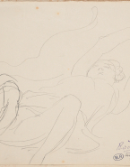 Femme allongée vers la gauche, jambes ouvertes, bras levés, mains jointes
