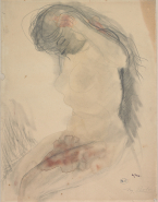 Femme nue assise de profil, les mains à la chevelure