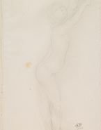 Femme nue debout, de profil à droite, pieds croisés, bras levés