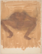 Femme nue sur le dos, de face, main au sexe, jambes écartées