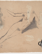 Femme nue allongée et deux enfants nus ; Brouillon de lettre et plusieurs études de draperies et tête d'homme (au verso)