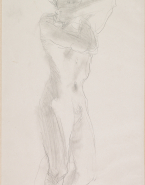 Femme nue debout, les bras repliés autour du cou