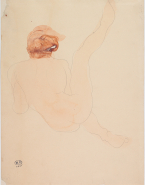 Femme nue assise de dos et une jambe levée