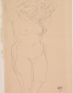 Femme nue debout, de face, les mains à la chevelure